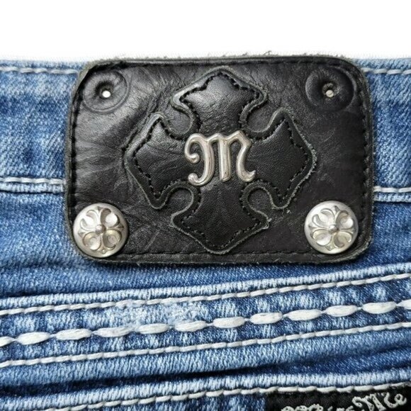 Miss Me Jeans Size 29 28X33 Bootcut Boot Leather Trim Thick Stitch Low Rise - Picture 7 of 16